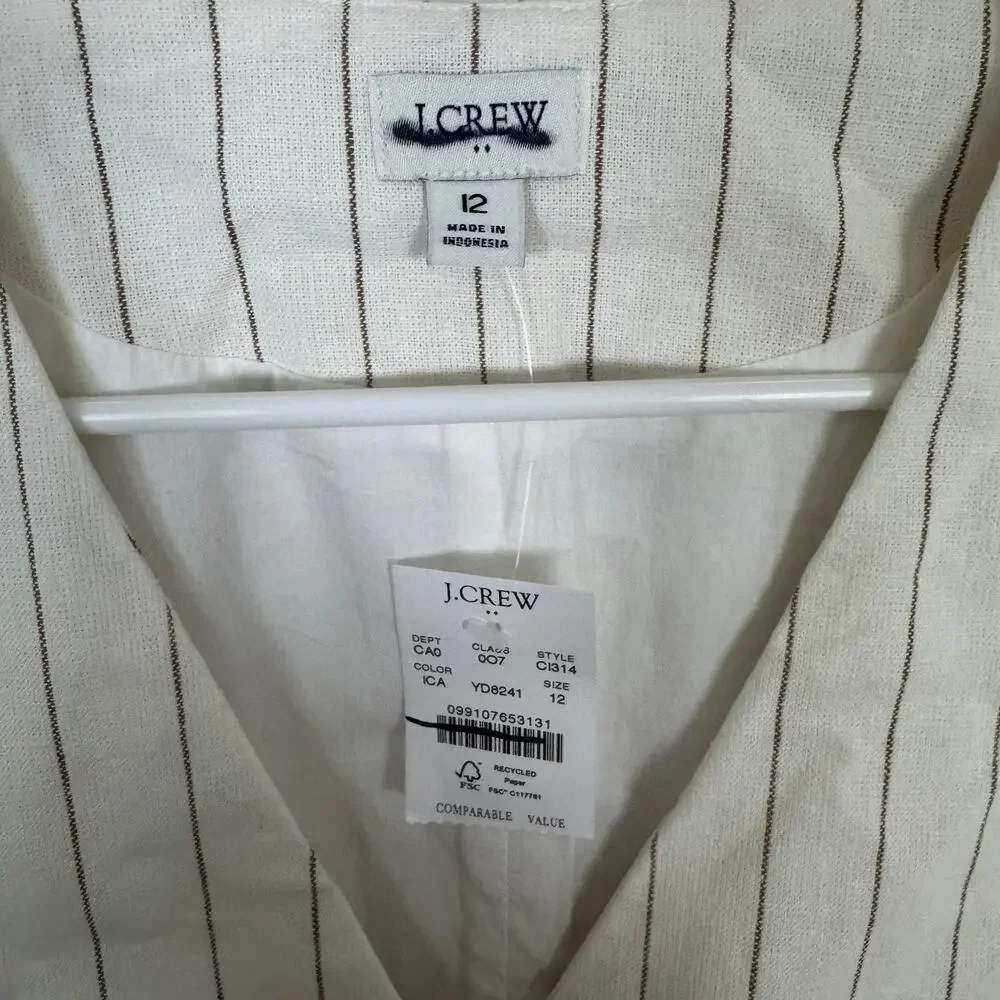 J.Crew Linen Blend Vest Womens 12 White Brown Pinstripes Sleeveless V-neck Lined